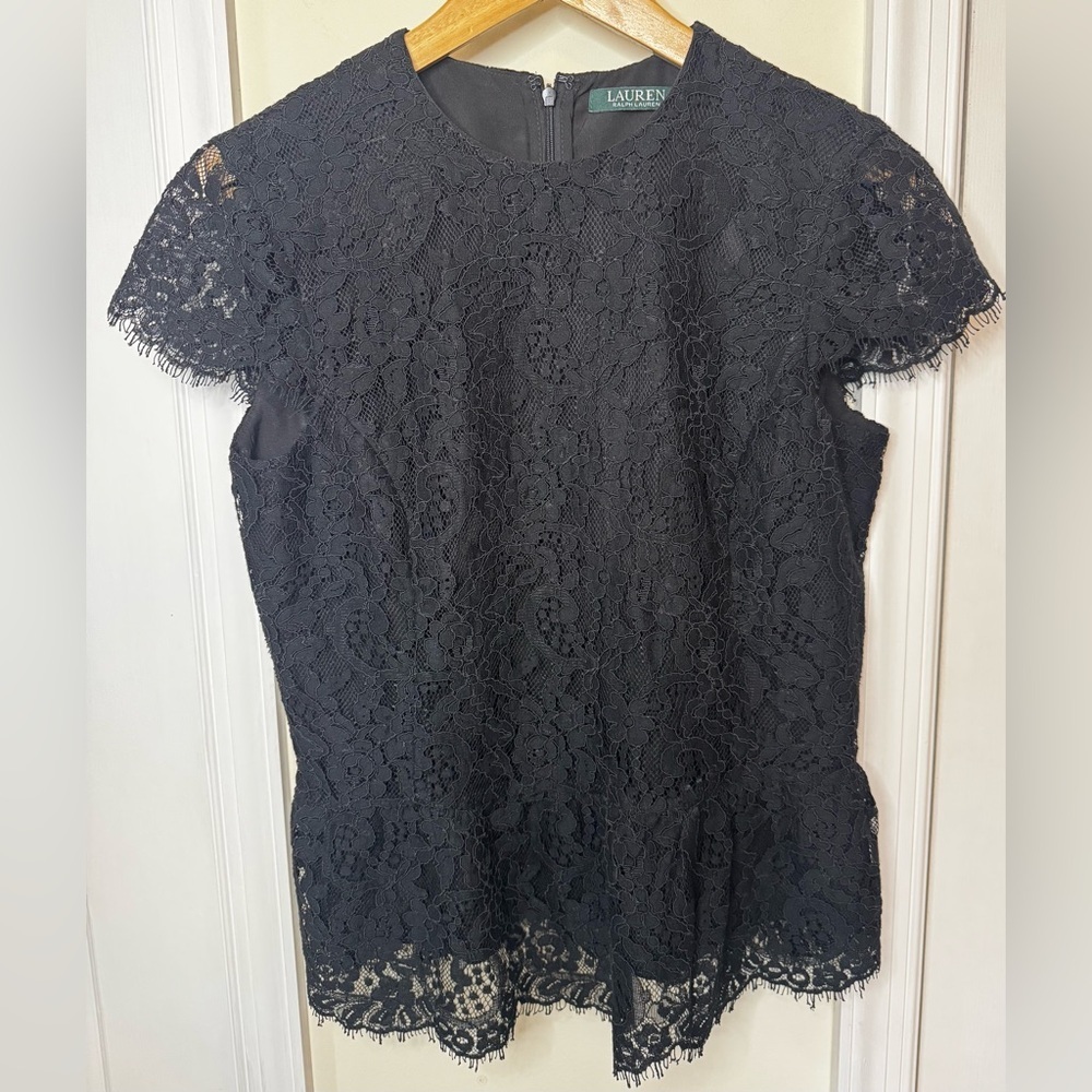 Ralph Lauren Black Lace Blouse Size 4 zip up back- Elegant, Classy.
